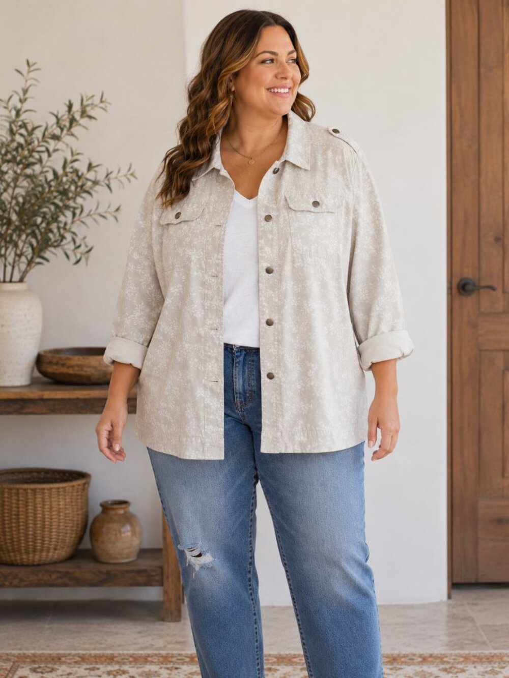 CJ Banks Floral Utility Shacket Jacket Oversized Beige Cotton Denim 1X